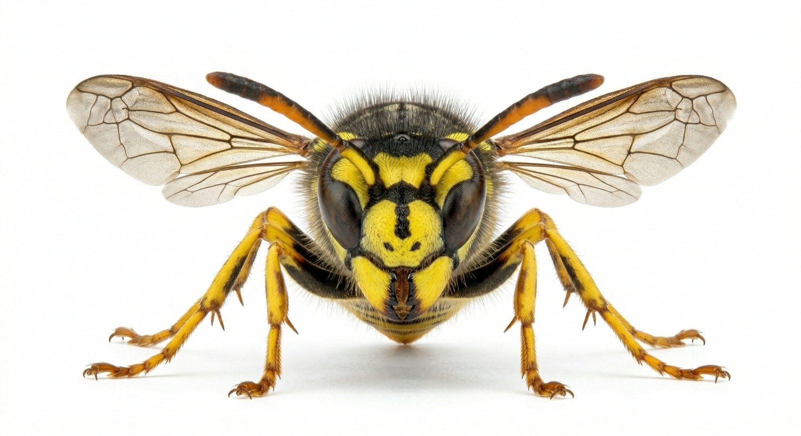 A yellow jacket, facing forward, wings spread